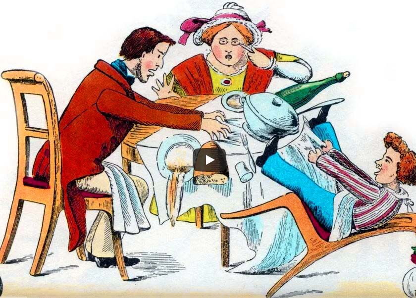 Abbildung aus dem Buch " Der Struwwelpeter". Familie sitzt am Tisch. Der Junge kippelt mit dem Stuhl, fällt und reißt das Tischtuch mit dem Geschirr runter.
