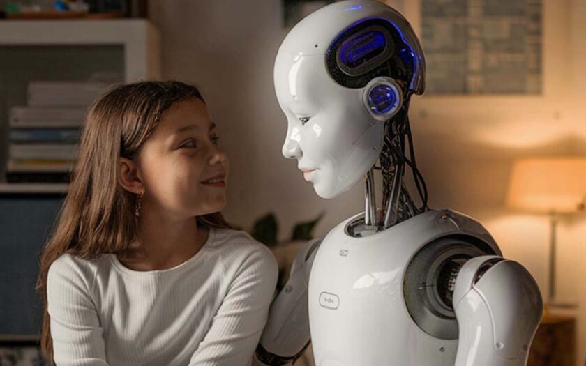 My AI im Kinderzimmer. Ein junges Mädchen sitzt vertraut neben einem humanoiden Roboter