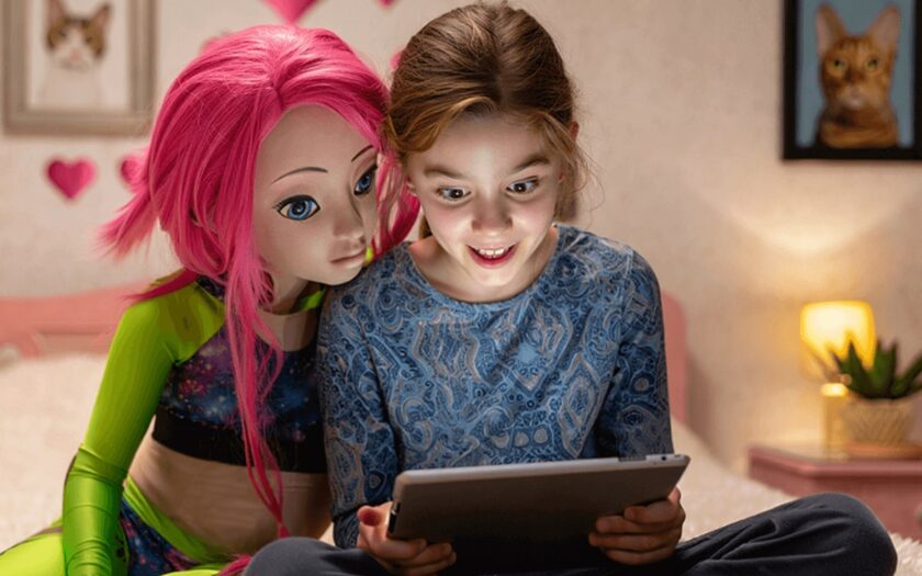 Wie sicher ist die Nutzung von Character.AI für Kinder? - Eine Mädchen mt seiner virtuellen Freundin surft im Internet.