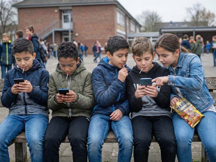 Kinder vor Zucker und Smartphones schützen - Schüler auf dem Pausenhof mit Handy und Süßigkeiten