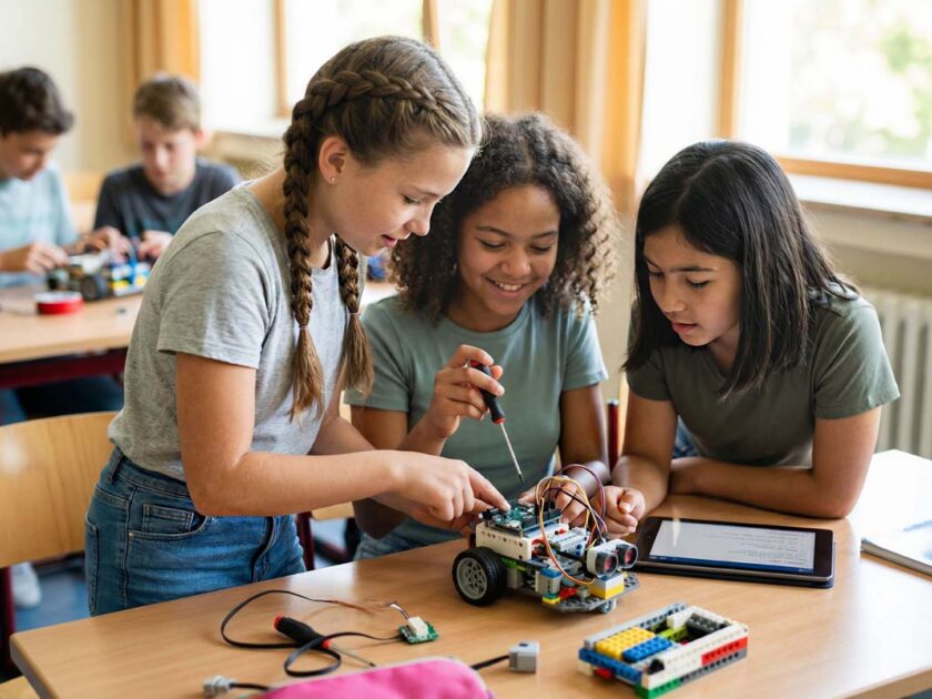 Mädchen Technik und Informatik - drei Mädchen bauen eien Roboter