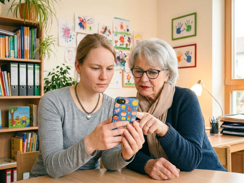 Künstliche Intelligenz in der Kita - 2 Erzieherinnen arbeiten am Handy