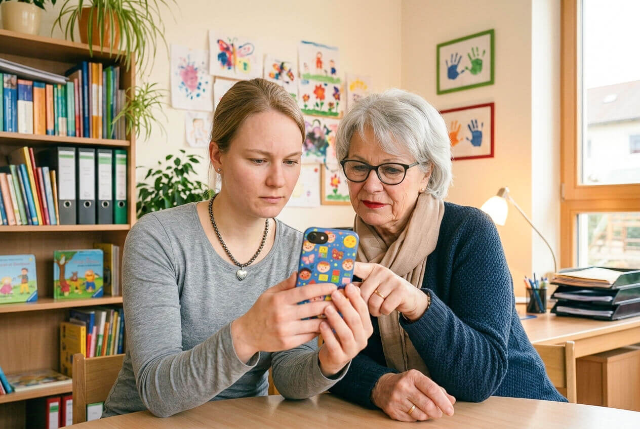 Künstliche Intelligenz in der Kita - 2 Erzieherinnen arbeiten am Handy