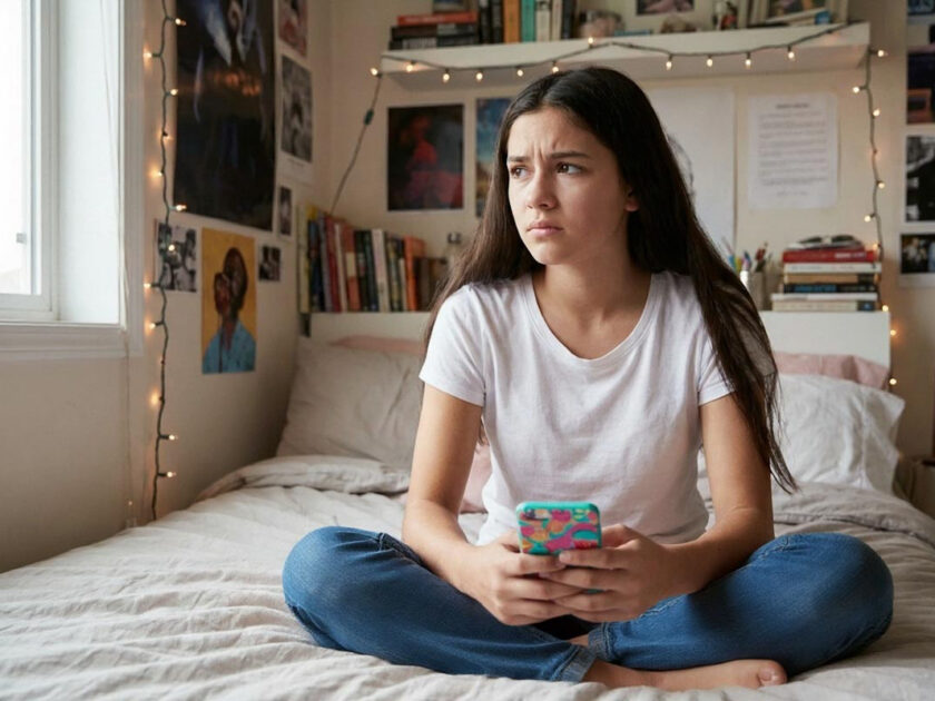 Zwei Drittel der jungen Menschen haben digitale sexualisierte Gewalt, sexuelle Beleidigungen oder Belästigung erlebt - Junges Mädchen mit Handy auf ihrem Bett