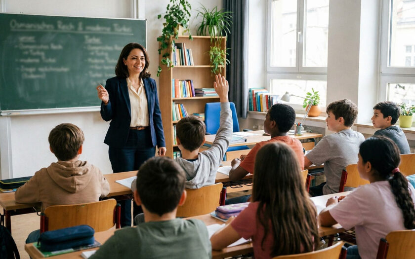 Lehrkräfte mit Migrationshintergrund - Türkische Lehrerin steht vor ihrer Grundschulklasse