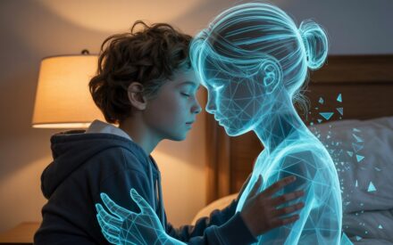 Kind und KI - Wie KI-Chatbots Kinder emotional beeinflussen - Ein Junge umarmt einen weiblichen KI-Chatbot