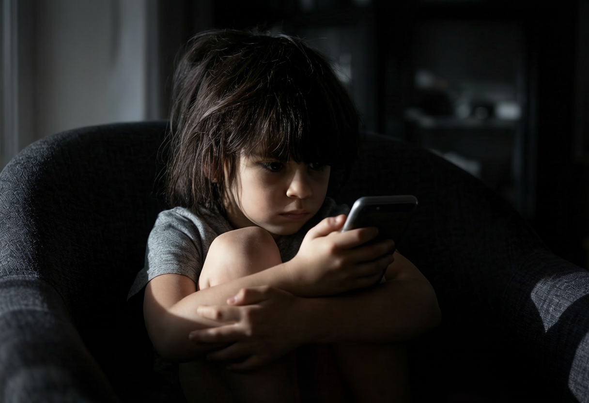 Virtueller Autismus - kleiner Junge am Smartphone