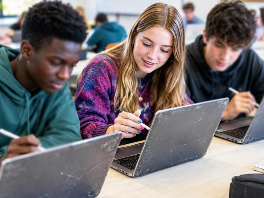 Trendmonitor: KI in der Bildung - 3 Oberschüler am Tablet
