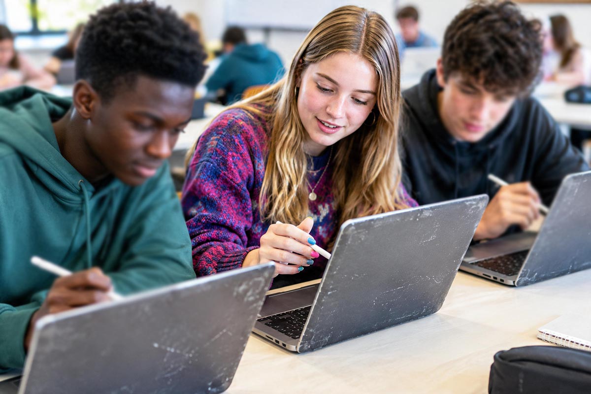 Trendmonitor: KI in der Bildung - 3 Oberschüler am Tablet
