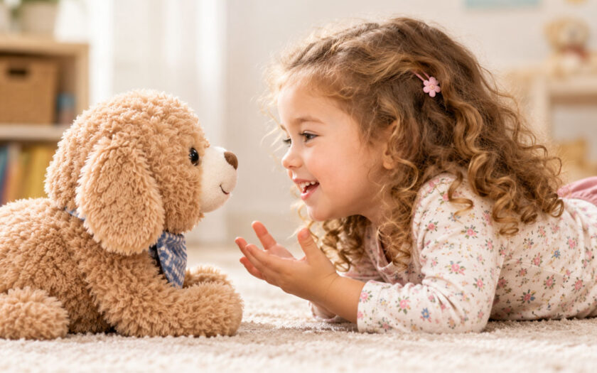 Bericht fordert KI-Spielzeug-Sicherheitsstandards zum Schutz von Kleinkindern _ Mädchen im Gespräch mit ihrem KI-Kuscheltier
