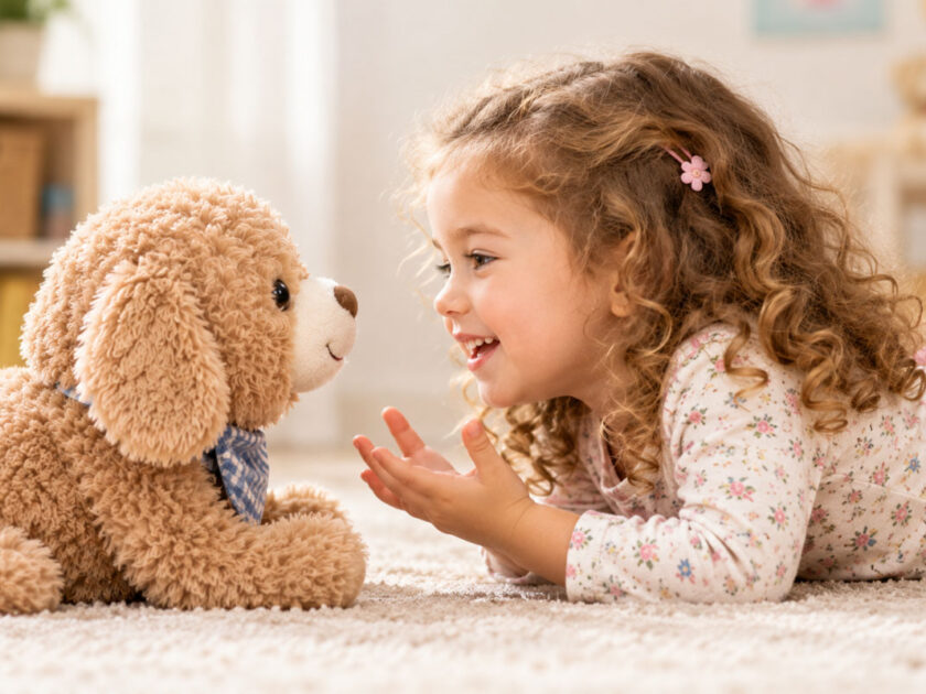 Bericht fordert KI-Spielzeug-Sicherheitsstandards zum Schutz von Kleinkindern _ Mädchen im Gespräch mit ihrem KI-Kuscheltier