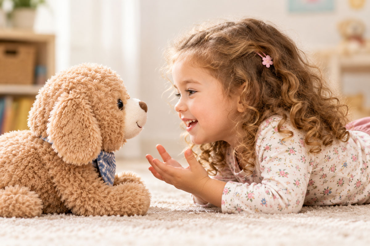 Bericht fordert KI-Spielzeug-Sicherheitsstandards zum Schutz von Kleinkindern _ Mädchen im Gespräch mit ihrem KI-Kuscheltier